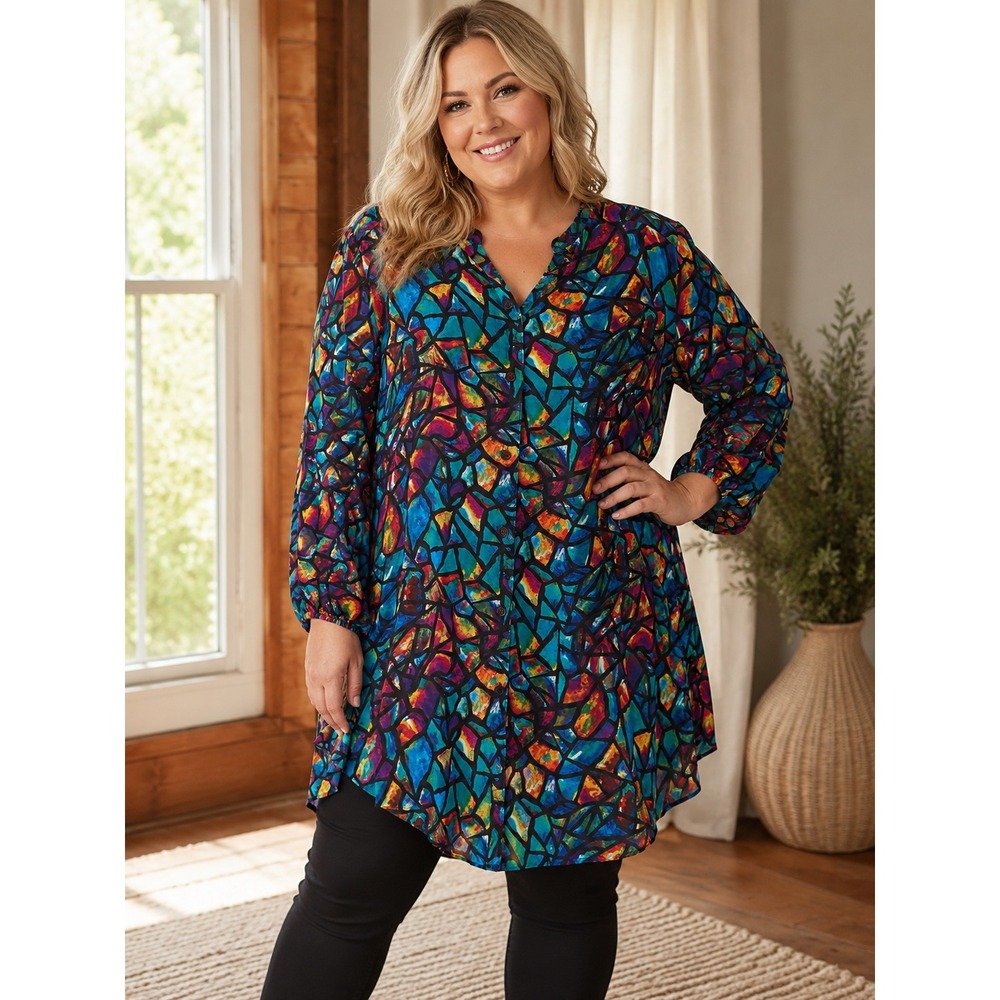 Elisabeth Liz Claiborne Vintage Stained Glass Mosaic Tunic Shirt Womens 18 Teal‎